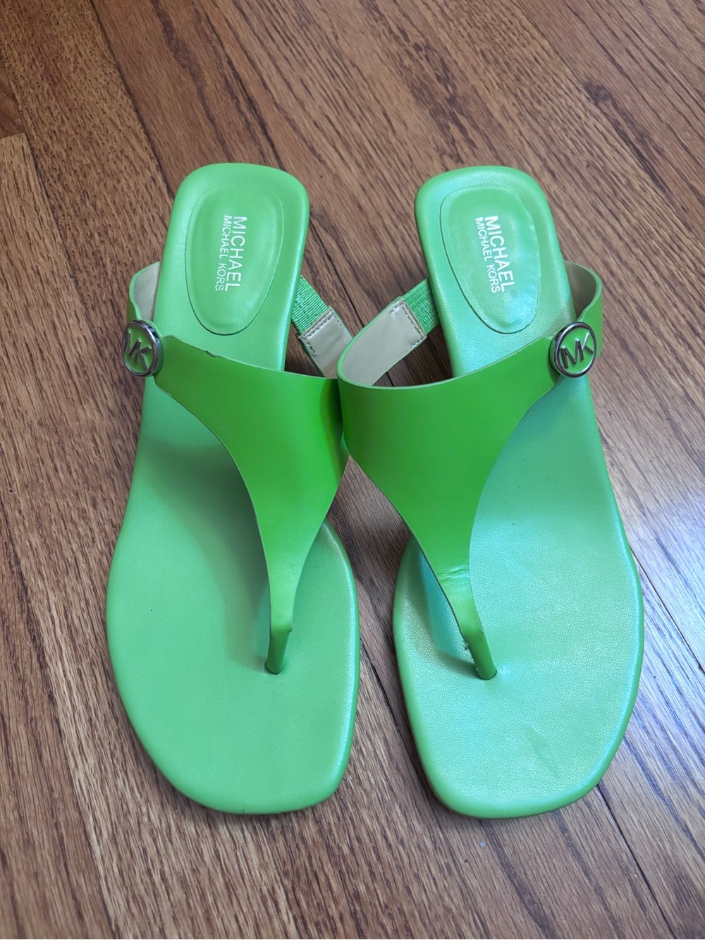 Michael Kors Lime Green Leather T-Strap Sandals